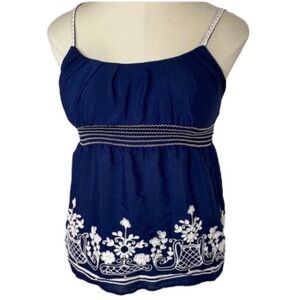 Heartsoul Cami Top Embroidered Crochet Flowers Blouse Navy Blue Camisole Boho L